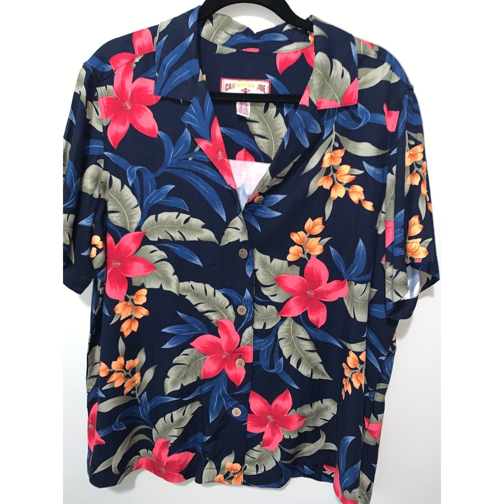 Caribbean Joe Woman 1X Tropical Floral Pajama Set Navy Blue Rayon Lounge 2pc